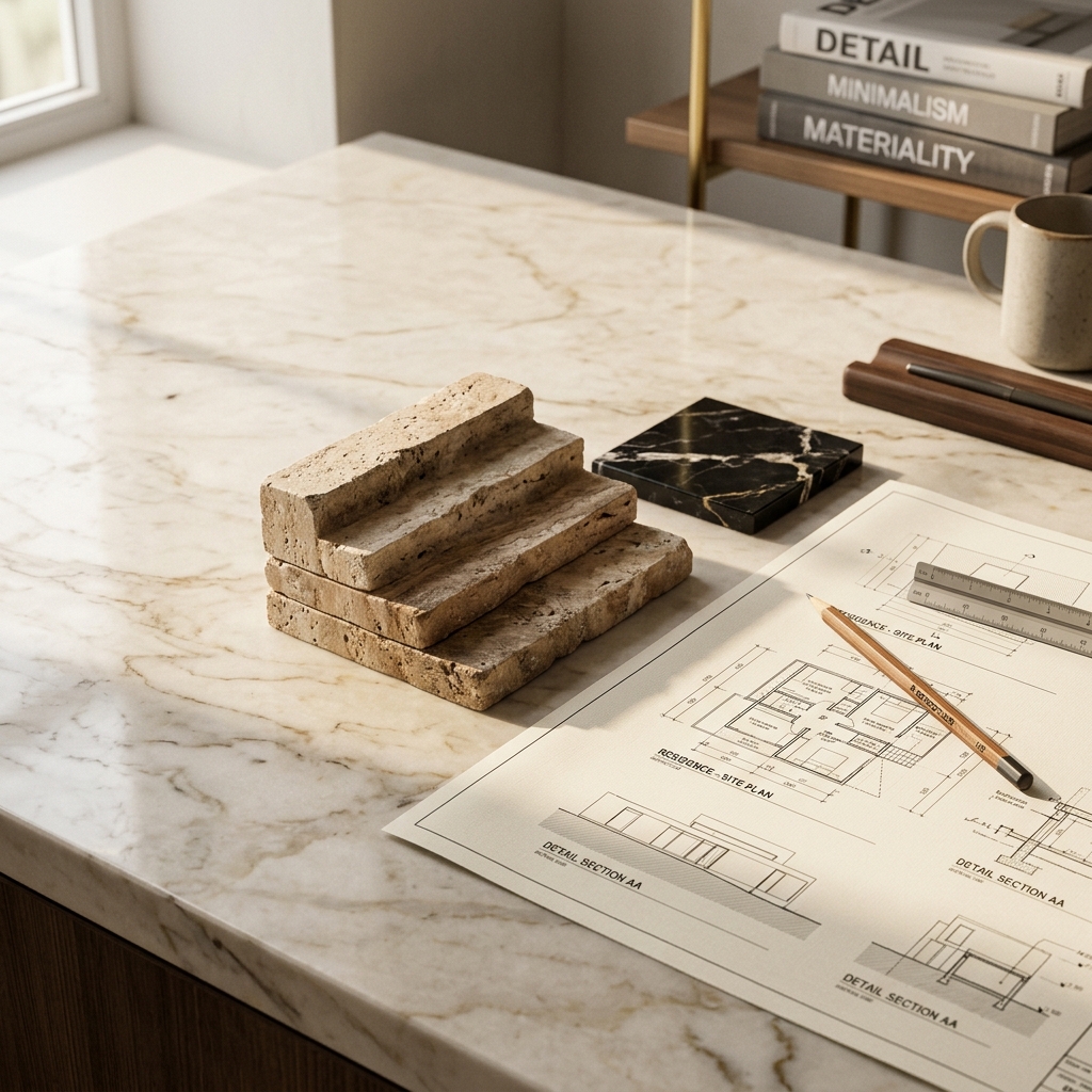 Architectural design drawings and luxury marble stone samples
